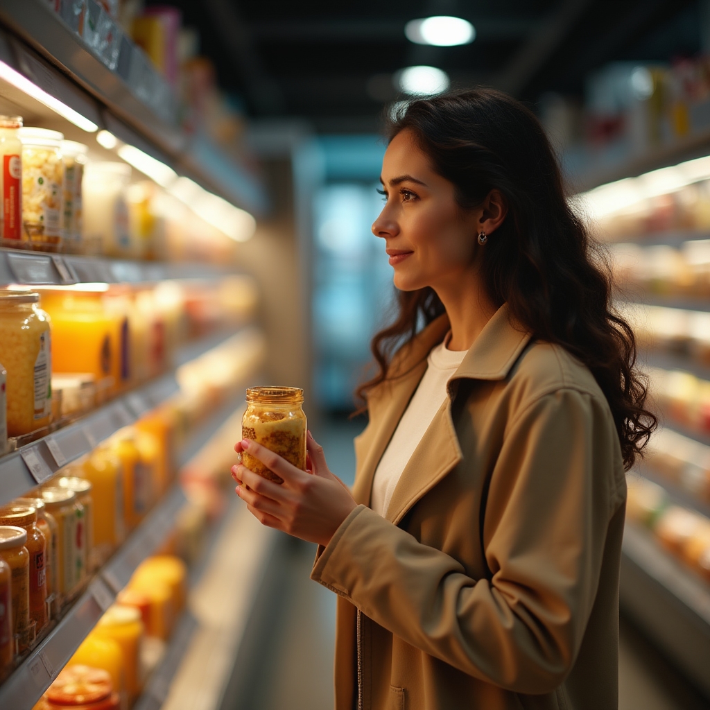 Persona observando productos en un pasillo de supermercado antes de decidir la compra